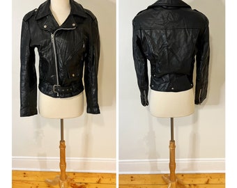 Vintage 1990s Black Leather Biker Jacket Small Leather Jacket Medium Motorcycle Jacket