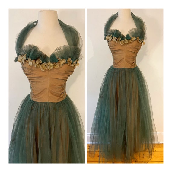 Vintage 1950s Taffeta Party Dress Green Tulle Ful… - image 10