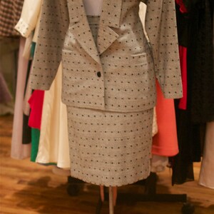 1980s Gionni Versace Polka Dot Tweed Wool Fitted Blazer and High Waisted Skirt Suit image 5