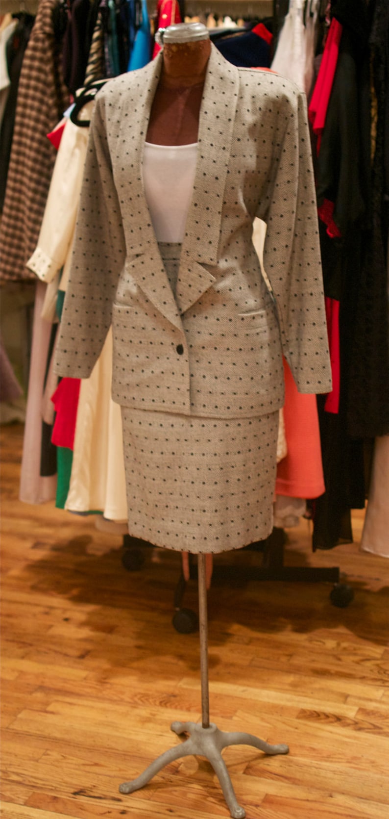 1980s Gionni Versace Polka Dot Tweed Wool Fitted Blazer and High Waisted Skirt Suit image 5