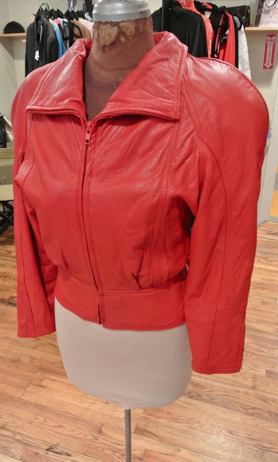 Vintage 1980s Red Leather Jacket Embossed Leather… - image 3