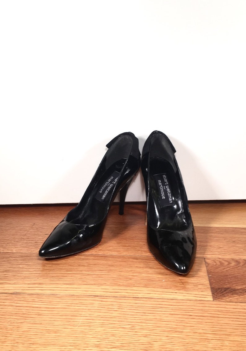 Size 9 Stuart Weitzman Heels Black Patent Leather Lace Back Bow Stiletto Heels Vintage Black Leather Stuart Weitzman High Heel Shoes image 3