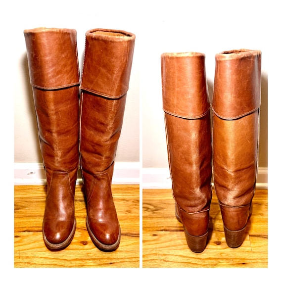 Size 7 Women’s Brown Leather Frye Riding Boots 1970s Western Knee High Engineer Boots Stacked Heel Day Boots