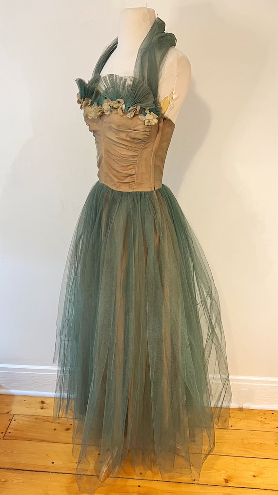 Vintage 1950s Taffeta Party Dress Green Tulle Ful… - image 6