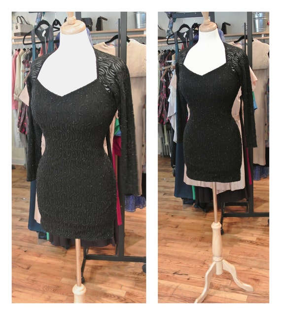 1990s Black Lace Dress Long Sleeve Lace Mini Dress Vintage Body Con Open Back Party Dress Mini Dress Sheer Lace Panel Cocktail Dress