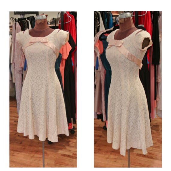 1950s Cream and Pink Lace Party Dress Vintage Midi Dress Silk Satin Cocktail Dress Short Wedding Dress Graduation Dress Cold Shoulder Dress