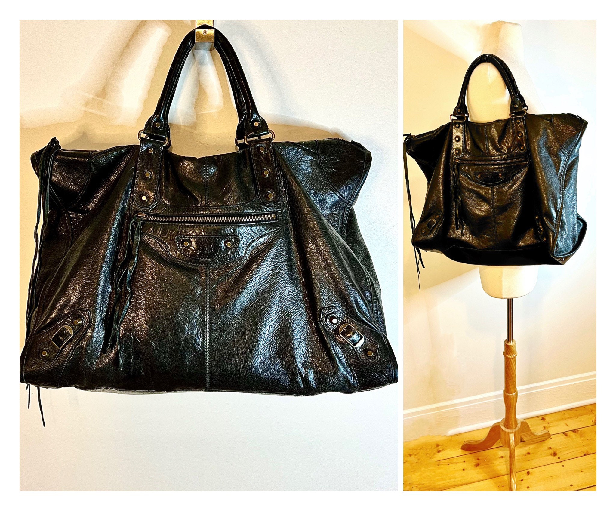 Vintage Balenciaga Weekender Bag Black Leather Balenciaga
