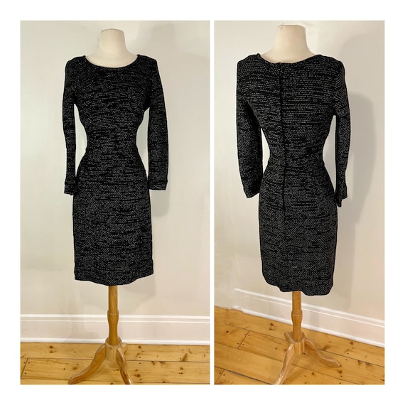 Vintage 1960s Party Dress Black and Metallic Midi Dress ‘60s Sweater Dress Long Sleeve Cocktail Dress