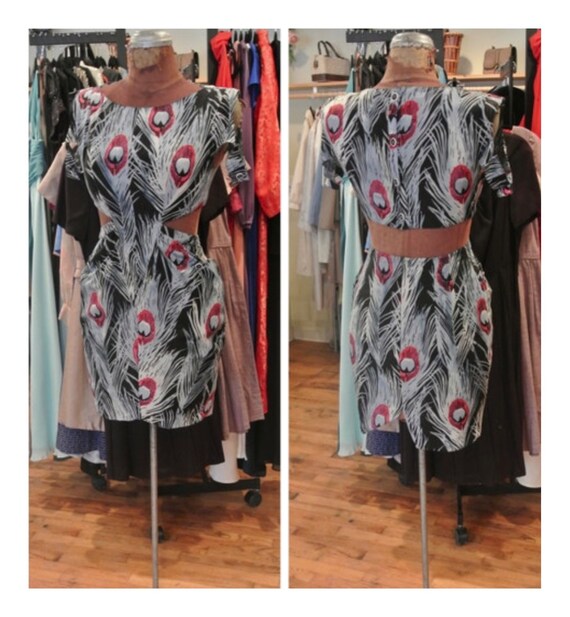 Vintage 80s Party Dress CutOut Mini Dress Peacock Feather Print Button Back Dress Cut Out Side and Back Cocktail Dress