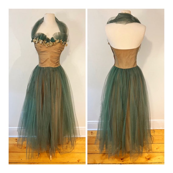 Vintage 1950s Taffeta Party Dress Green Tulle Ful… - image 1