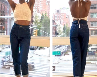 1980s High Waisted Jeans Dark Blue Tapered Jeans Rustler Denim Mom Jeans Pin-Up High-Waisted Vintage Jeans Small Extra Small Vintage Denim