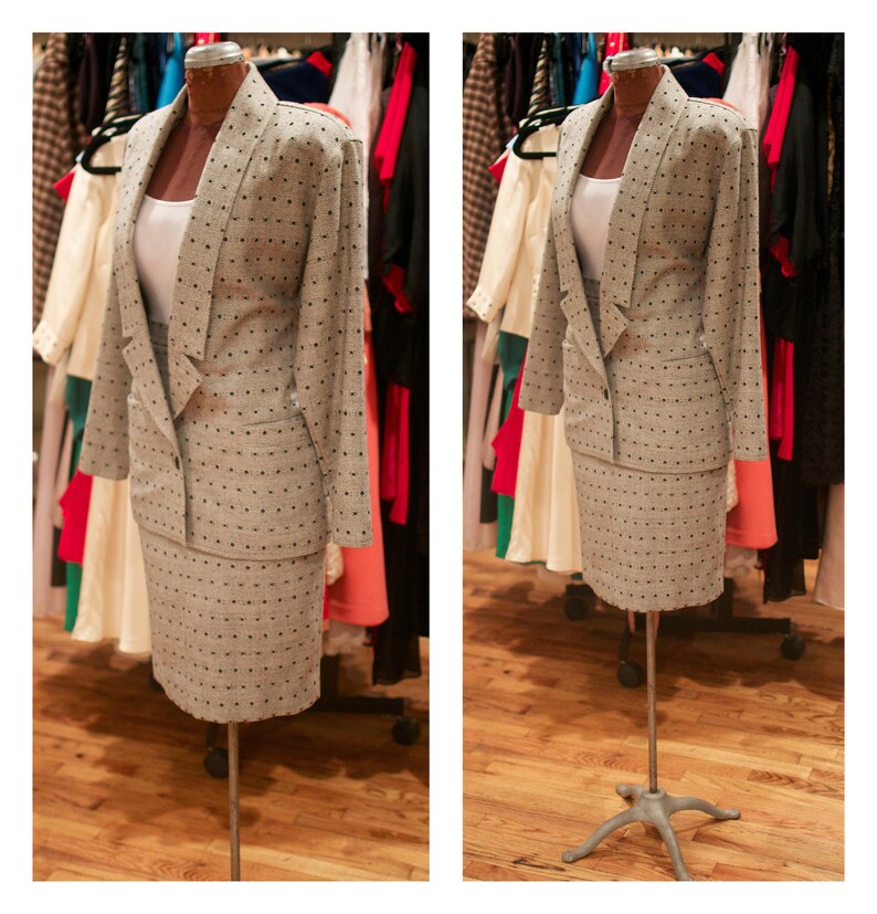 1980s Gionni Versace Polka Dot Tweed Wool Fitted Blazer and High Waisted Skirt Suit image 2