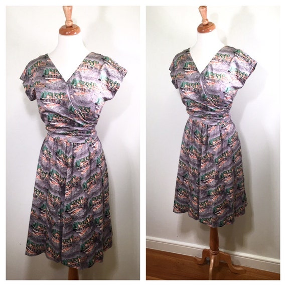 1960s Day Dress Novelty Print Cotton Sundress Vintage Watercolor Garden Party Dress Purple Blue Green Pink Faux Wrap Dress Midi Dress Medium