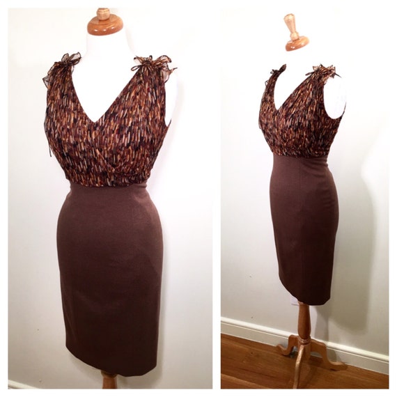 Vintage Carolina Herrera Pencil Dress Silk and Wool Midi Cocktail Dress Brown Patterned Wiggle Dress Sophisticated Party Dress Small