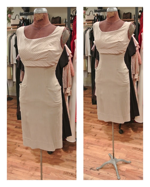 Vintage 1940s Dress / 50s Polka Dot Dress Pencil Dress Tan '50s Midi Dress 50s Wiggle Dress Cotton Day Dress Party Dress Cocktail Dress