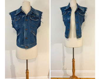 Vintage Wrangler Denim Vest 1980s Jean Jacket Faded and Distressed Denim Vest