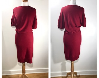 Vestido Rojo Lanvin Rojo Vintage Lanvin Suéter Vestido 1980 Lanvin Midi Vestido Reunido Vestido túnica de punto elástico Vestido de suéter de gran tamaño