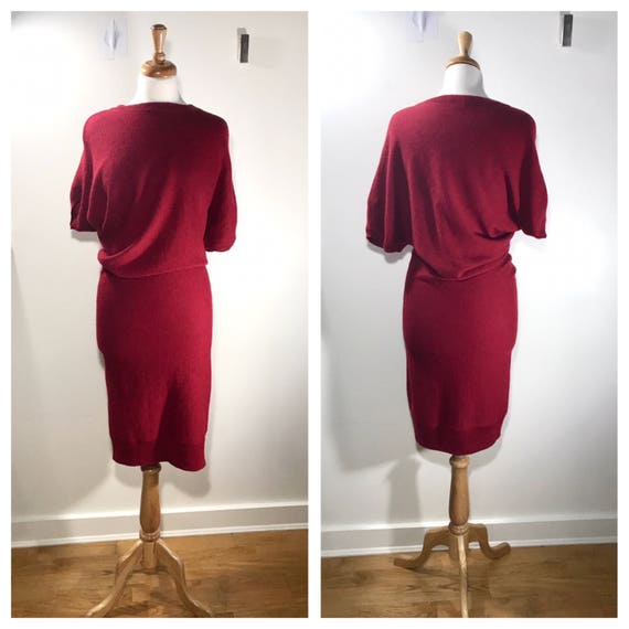 Red Lanvin Dress Red Vintage Lanvin Sweater Dress 1980s Lanvin Midi Dress Gathered Stretch Knit Tunic Dress Oversized Sweater Dress