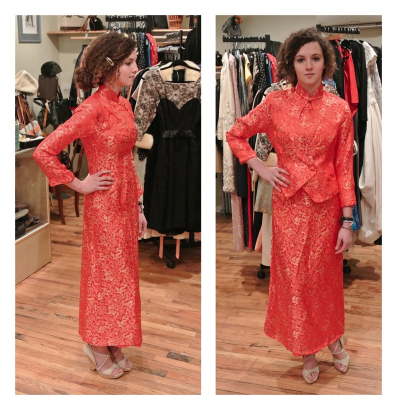 1980s Kimono Maxi Dress Vintage Red Party Dress with Matching Cropped Jacket Cocktail Dress image 1