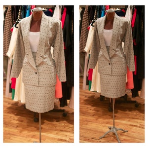 1980s Gionni Versace Polka Dot Tweed Wool Fitted Blazer and High Waisted Skirt Suit image 1