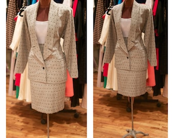 1980s Gionni Versace Polka Dot Tweed Wool Fitted Blazer and High Waisted Skirt Suit