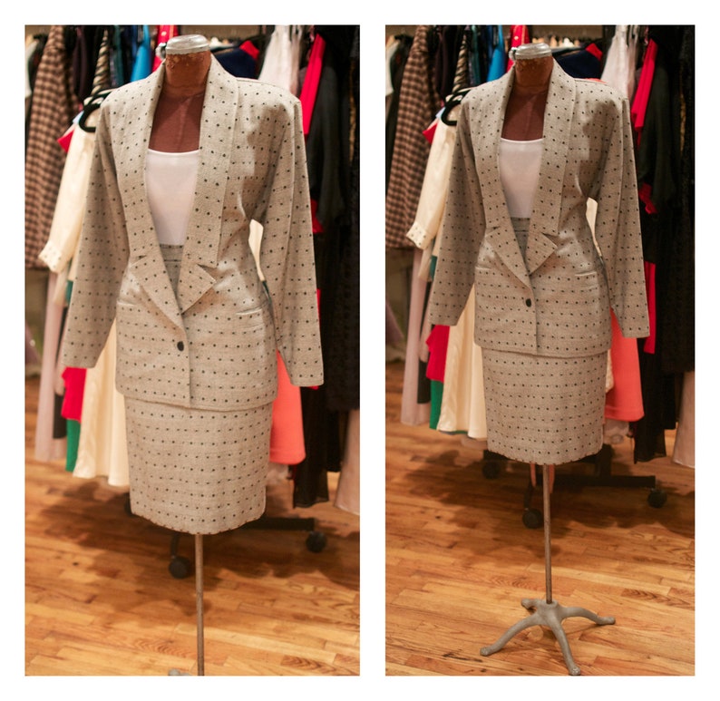 1980s Gionni Versace Polka Dot Tweed Wool Fitted Blazer and High Waisted Skirt Suit image 1