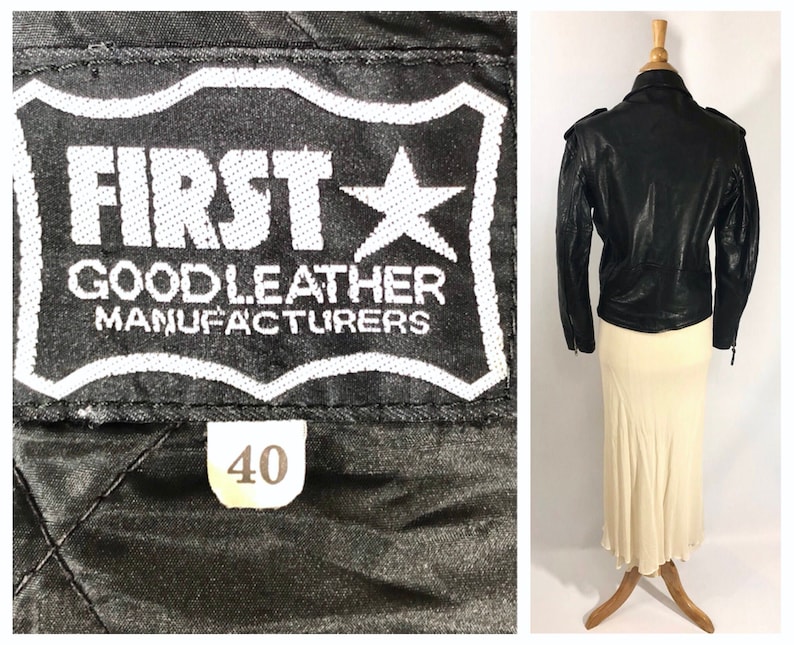 May include: Black leather jacket with a star and the text "FIRST GOODLEATHER MANUFACTURERS" on the label. The jacket has a size tag that says "40".