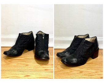 Vintage Black Leather Ankle Boots Size 6 Quilted Booties Stacked Heel Boots