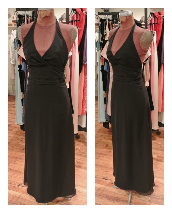 Vintage 1980s Black Halter Gown Vintage Open Back Formal Dress Black Maxi Party Dress Dance Dress Flowy Evening Dress