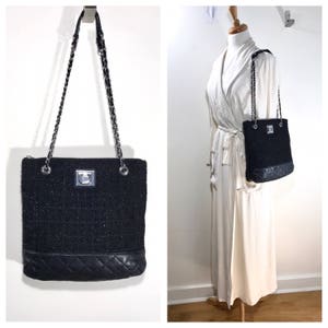 Noir matelassé en cuir sac chaîne et bracelet en cuir sac à main Vintage DKNY sac à main Boucle tricot et cuir souple grand sac bandoulière fourre-tout