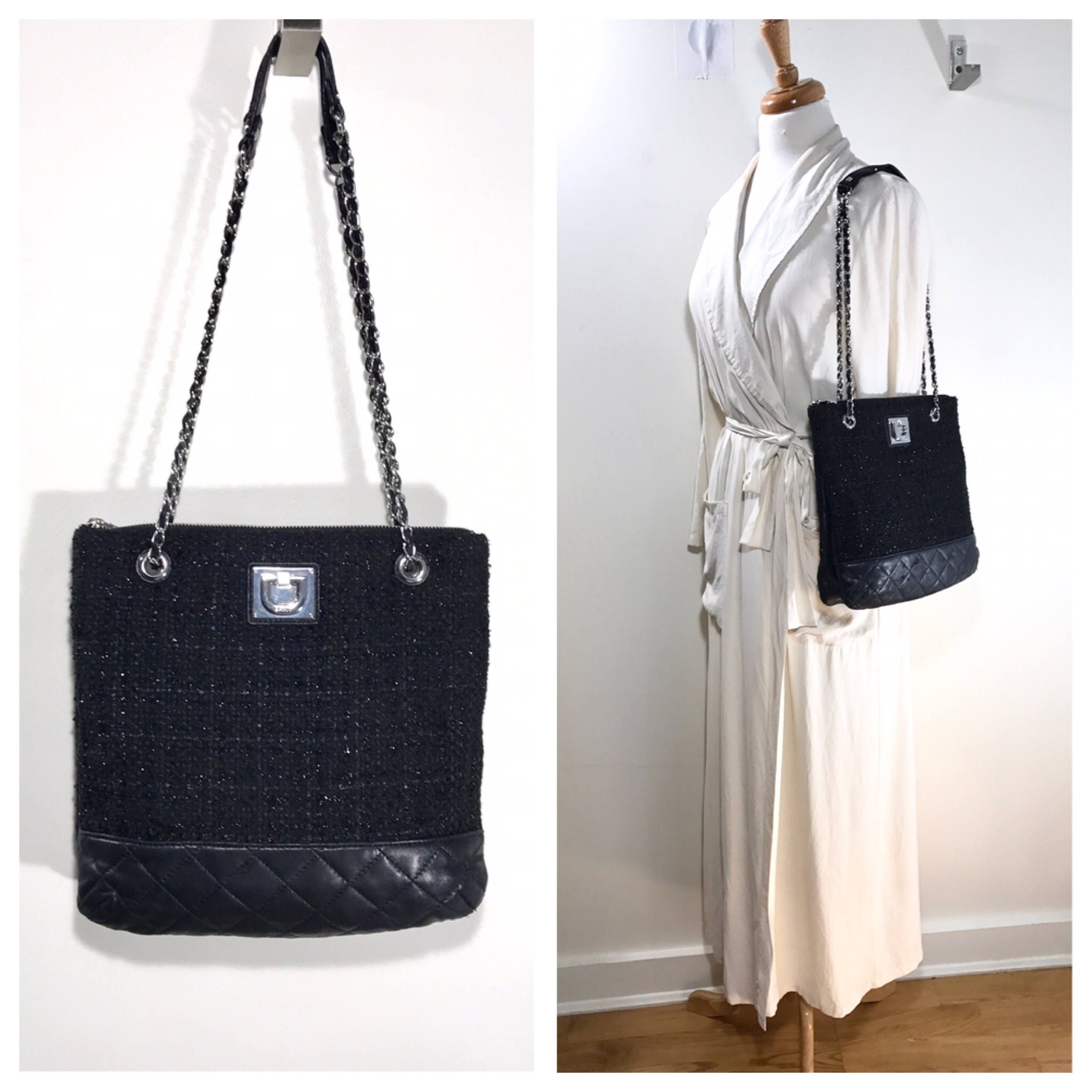 Black Quilted Leather Bag Chain and Leather Strap Handbag Vintage DKNY Purse Boucle Knit and Soft Leather Large Bag Crossbody Carryall Etsy