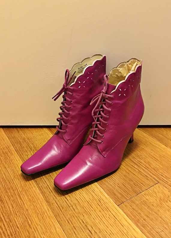 Size 7 1/2 Purple Lace-Up Ankle Boots Vintage 1990s Leather High Heel Boots Lace Up Heeled Booties Pointed Toe Fashion Booties