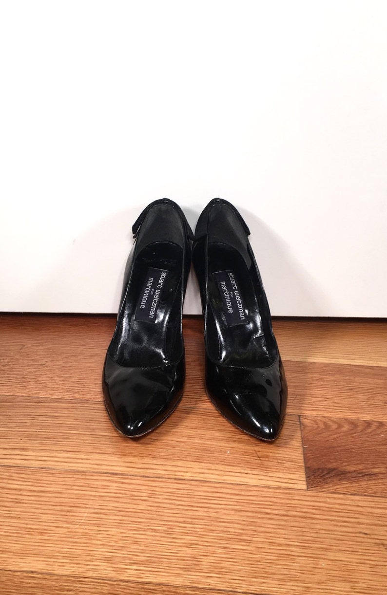 Size 9 Stuart Weitzman Heels Black Patent Leather Lace Back Bow Stiletto Heels Vintage Black Leather Stuart Weitzman High Heel Shoes image 5