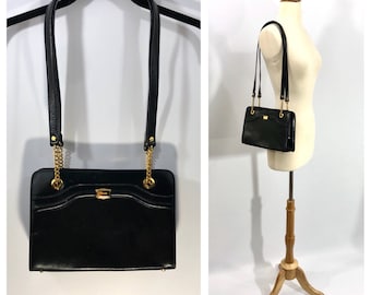 Vintage Black Bally Bag Black Leather Bag 80s Bally Bag Chain Strap Bag Black Box Bag Classic Bally Bag Large Evening Bag Bally Shoulder Bag