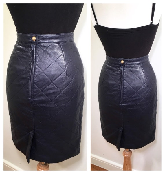 blue leather pencil skirt vintage 1980s purple blue q… Gem