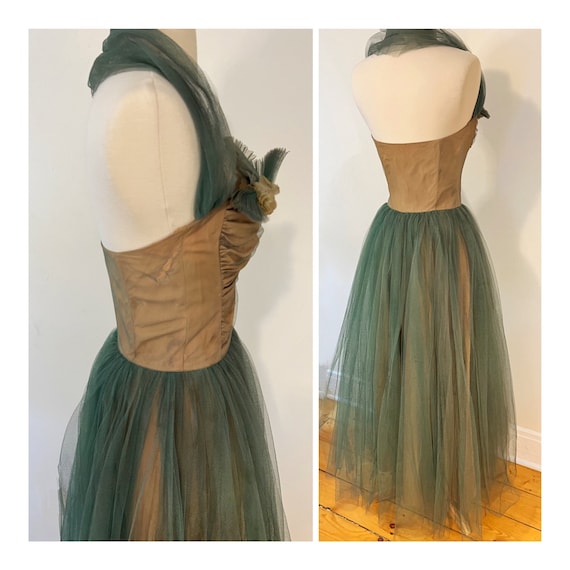 Vintage 1950s Taffeta Party Dress Green Tulle Ful… - image 9