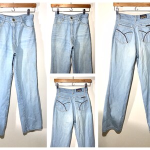 1970s High Waisted Jeans Vintage 70s Pentimento Bell Bottom Jeans Light Blue Distressed Size Small White Washed Jeans image 6
