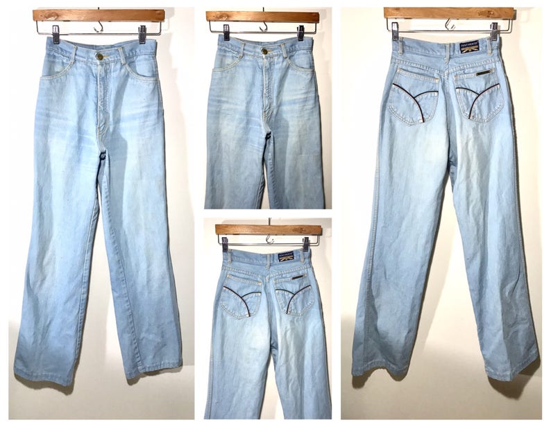 1970s High Waisted Jeans Vintage 70s Pentimento Bell Bottom Jeans Light Blue Distressed Size Small White Washed Jeans image 6