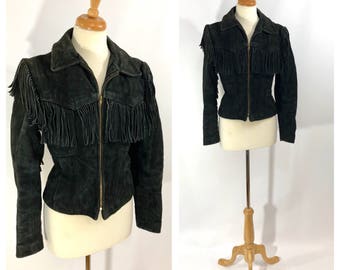 Black Leather Jacket / Fringe Leather Jacket Black Suede Jacket Biker Jacket Small Women's Biker Jacket Cropped Fringe Jacket Tassel Jacket