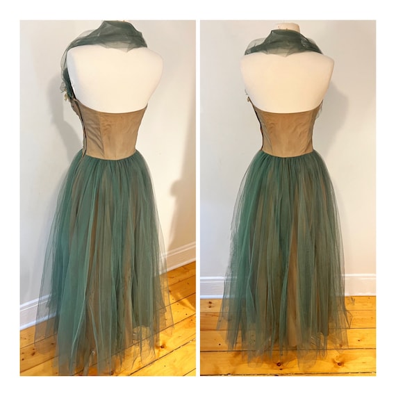 Vintage 1950s Taffeta Party Dress Green Tulle Ful… - image 3