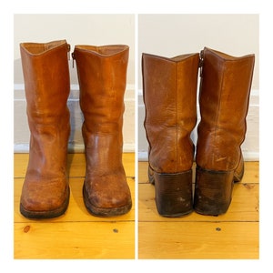 Vintage Size 10 Brown Leather Stacked Heel Boots Women’s Size 10 Engineer Boots Stacked Heel Ankle Booties