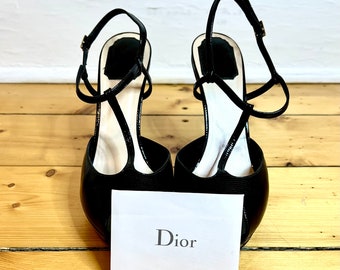 Vintage Dior Heels Size 10 Christian Dior Black Leather Heels T-Strap High Heel Shoes Dior Patent Leather Shoes