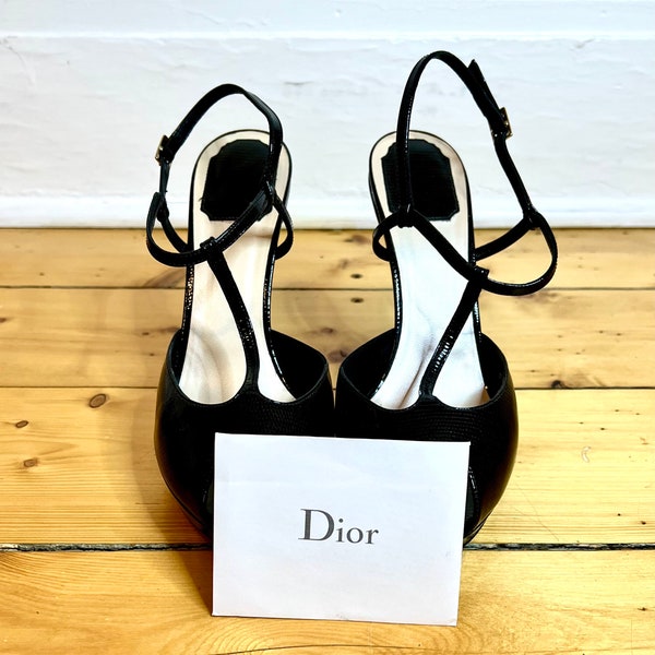 Vintage Dior Heels Size 10 Christian Dior Black Leather Heels T-Strap High Heel Shoes Dior Patent Leather Shoes