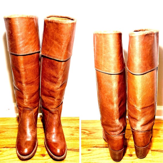 Size 7 Women’s Brown Leather Frye Riding Boots 1970s Western Knee High Engineer Boots Stacked Heel Day Boots