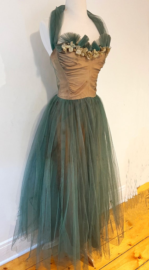 Vintage 1950s Taffeta Party Dress Green Tulle Ful… - image 7
