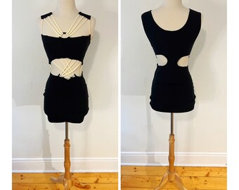 Vintage 1990s Black Body Con Mini Dress Cut Out Party Dress Stretch Little Black Dress Size Small