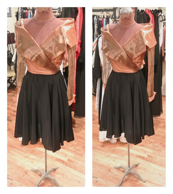 1980s Gold and Black Party Dress Off the Shoulder Chiffon Flutter Skirt Long Sleeve Vintage Cocktail Dress Shawl Collar Evening Dress