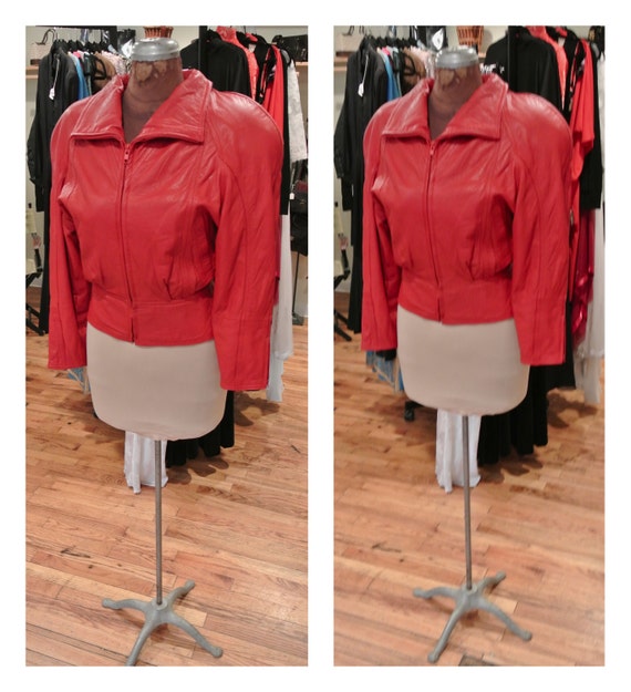 Vintage 1980s Red Leather Jacket Embossed Leather Motorcycle Jacket Zippered Cropped Jacket Textured Leather Biker Jacket Small Medium