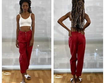 High Waisted Jeans / 80s Red Jean Button Fly Jeans Pencil Leg Jeans High Rise Denim Mom Jeans Small 80s Zena Jeans Tapered Jeans Small
