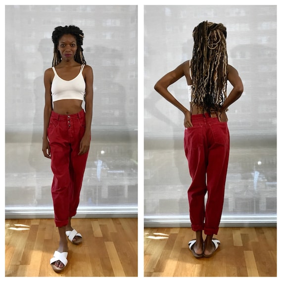 High Waisted Jeans / 80s Red Jean Button Fly Jeans Pencil Leg Jeans High Rise Denim Mom Jeans Small 80s Zena Jeans Tapered Jeans Small